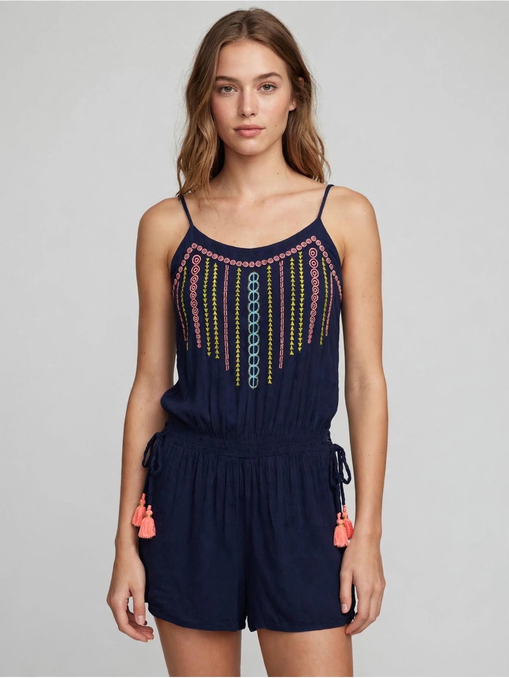 Lilly Pulitzer Beeler Navy Embroidered Spaghetti-Strap Romper with Coral Tassels